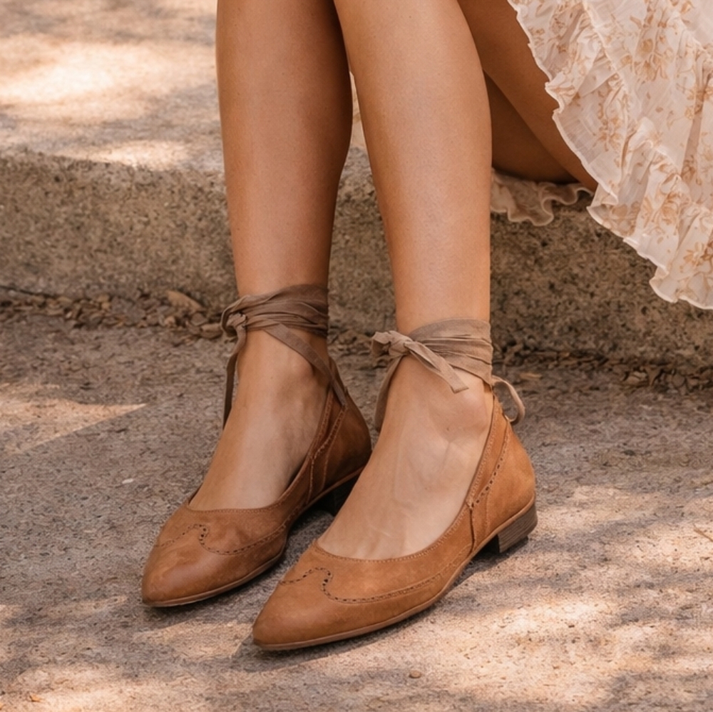 Women's Tan Suede Wrap-Ankle Pointed Flats